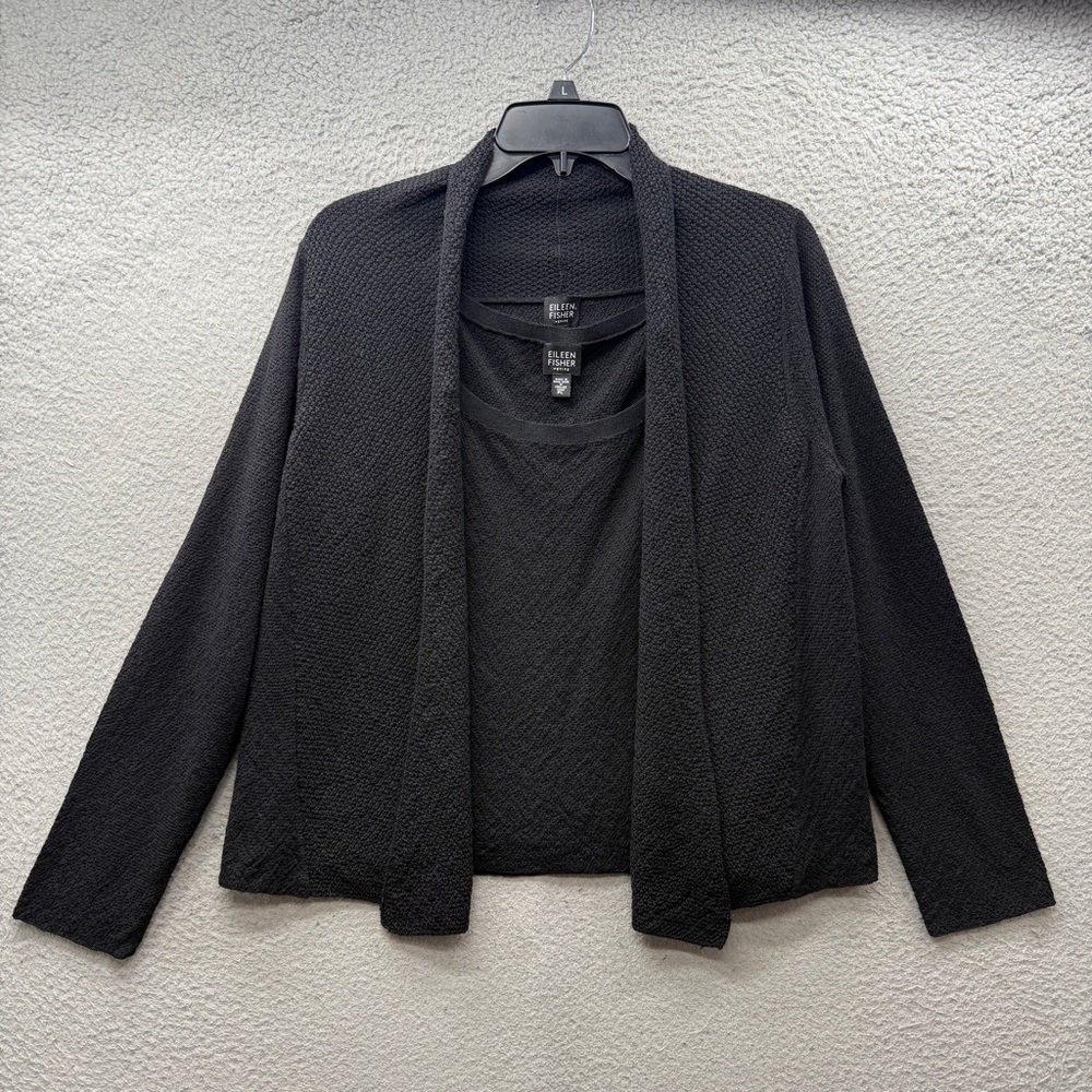 Eileen Fisher Sweater Set 2 Piece Black Textured Sleeveless Tank Top Wool PL